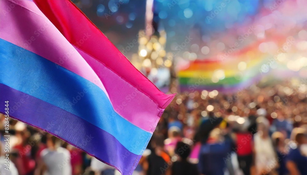 bisexual flag on the background of the pride parade, lgbt pride month, fight against homophobia, tolerance, rally of many people bisexual flag on the background of the pride parade, lgbt pride month, fight against homophobia, tolerance, rally of many people