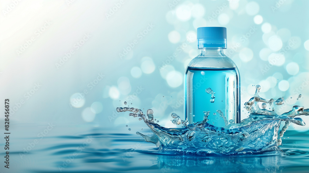 Blue bottle with splashing water on blue background. Blue bottle with splashing water on blue background.