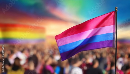 bisexual flag on the background of the pride parade, lgbt pride month, fight against homophobia, tolerance, rally of many people photo