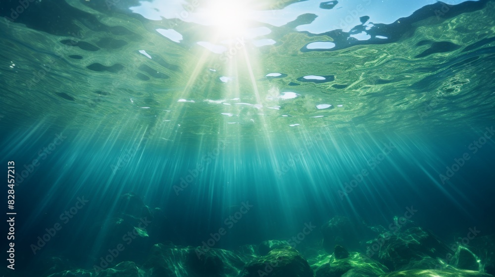 Sunlight Piercing The Aquatic Serenity Of The Underwater Realm. Generative AI