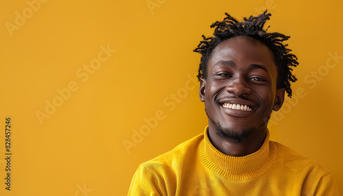 A man with a big smile on his face is wearing a yellow sweater