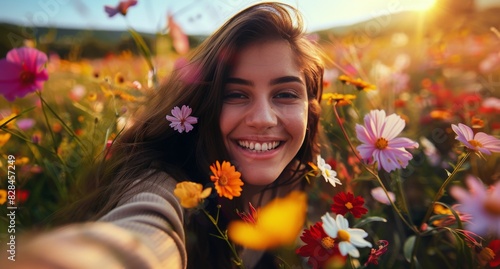 Woman Smiling in Field of Flowers