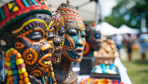 A group of African masks with colorful designs and beads