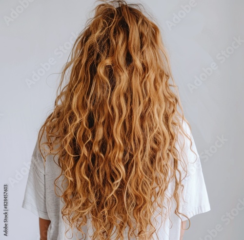 Woman With Long Curly Hair Standing in Front of White Wall