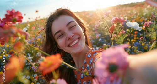 Girl in Field of Flowers Holding Cell Phone