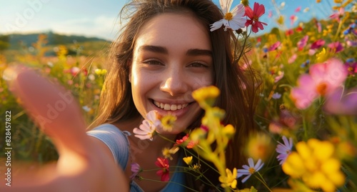Woman Smiling in Field of Flowers