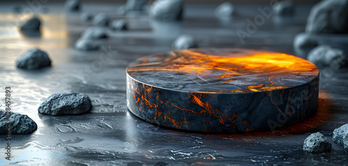 Minimalist stone podium on cliff with neon lighting or lava showcasing fashion. Concept Fashion, Minimalist, Stone Podium, Neon Lighting, Cliff. Ai Generated