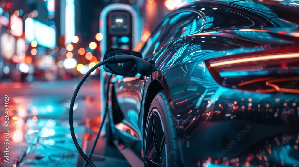 Electric Car Charging at Night in Urban Setting with Neon Lights