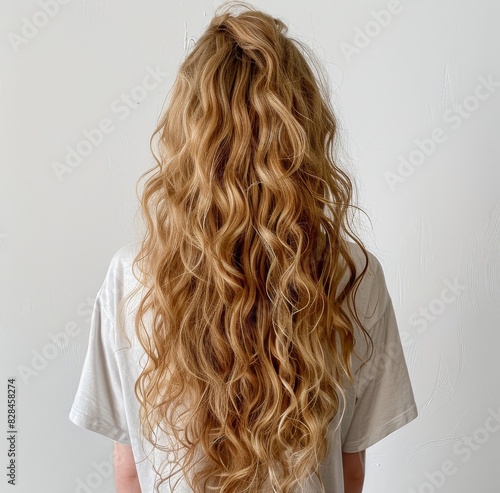 Woman With Long Curly Hair Standing in Front of White Wall