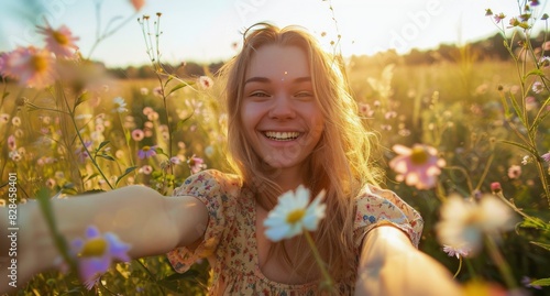 Woman Smiles in Field of Flowers