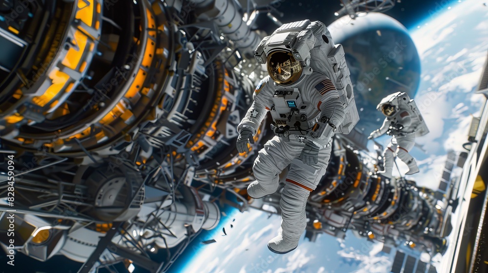 Astronauts Performing Spacewalk Outside Futuristic Space Station Astronauts Performing Spacewalk Outside Futuristic Space Station