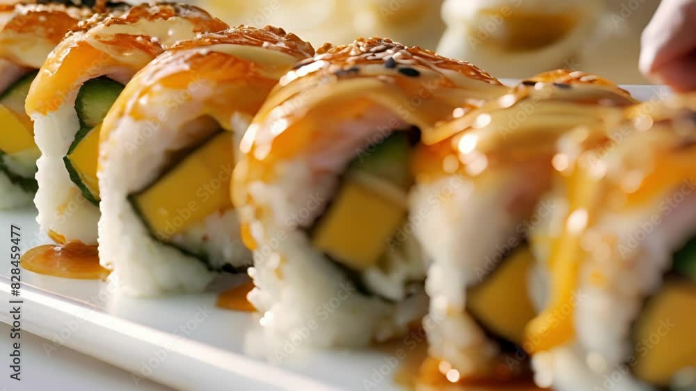 A fusion of Japanese and island cuisines these sushi rolls feature a sweet and savory combination of mango and teriyaki sauce. A fusion of Japanese and island cuisines these sushi rolls feature a sweet and savory combination of mango and teriyaki sauce.