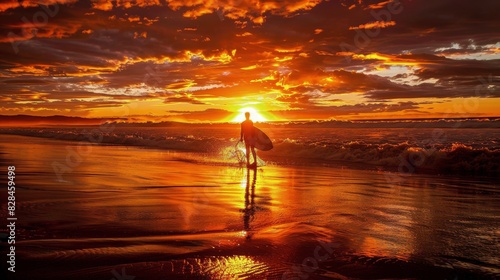 Person Holding Surfboard on Beach at Sunset