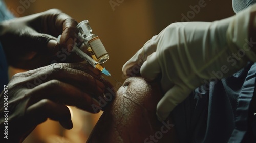 Medical Professional's Hands Preparing Syringe in Surgical Room Close-up of Hands in Gloves Holding Syringe in Medical Lab photo