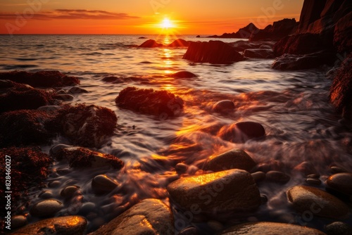 Golden Sunset Over Rocky Seashore With Gentle Waves Caressing Stones. Generative AI