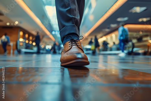A tight shot of a dressed foot with suit shoe on a tiled airport floor