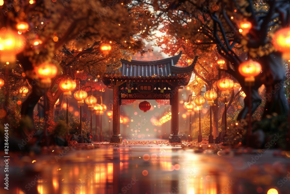 Red Lanterns Illuminate a Traditional Chinese Street During Mid-Autumn Festival Red Lanterns Illuminate a Traditional Chinese Street During Mid-Autumn Festival