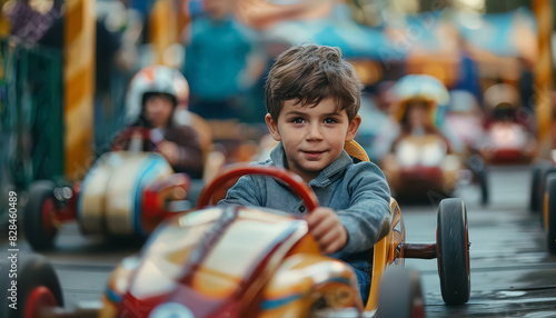 A young boy is driving a toy car in a carousel