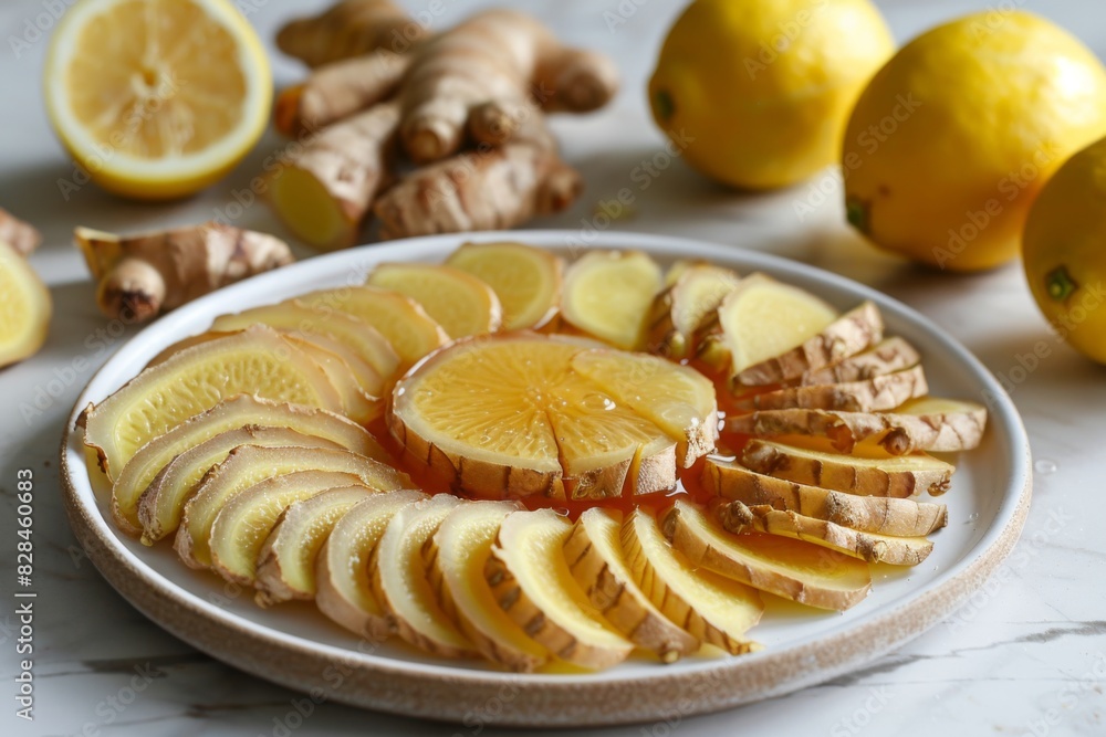 Sliced ginger root arranged in a circular pattern on a white plate, with honey and lemon in the background Sliced ginger root arranged in a circular pattern on a white plate, with honey and lemon in the background