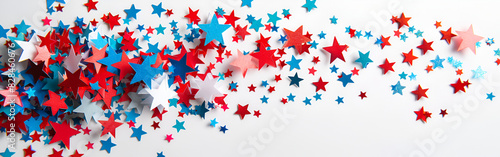 Star confetti in the colors of the United States edible glitter of America flag on a white background 
