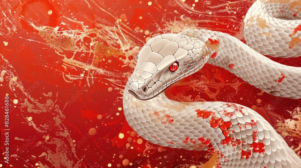 Fototapeta premium White snake slithering on red background