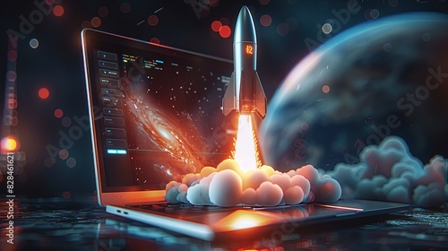 rocket launch for PC/ Laptop illustration, illustration of a rocket flying from the laptop screen,launching space rocket from laptop screen
