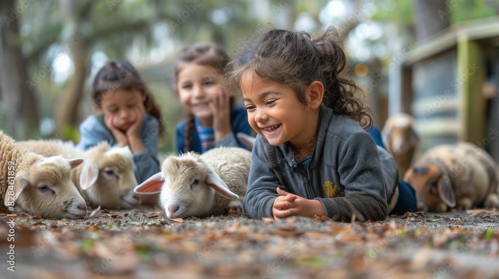 Fototapeta premium Young Girl Smiling Next to Herd of Sheep