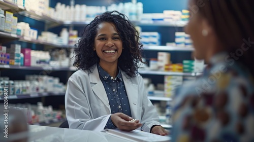 Smiling female pharmacist in a white coat explaining medication instructions to a customer at the pharmacy counter