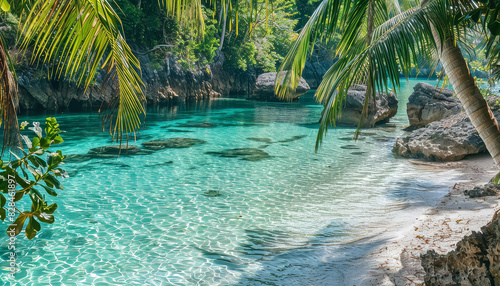 A beautiful beach with a clear blue ocean and a palm tree