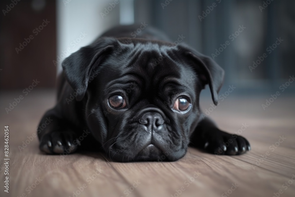 Black pug dog laying on wooden floor