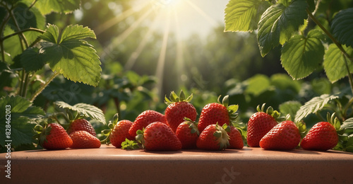 Strawberry bokeh on wooden plank floor in stobery plant background