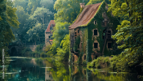 A small house is on a lake with trees in the background