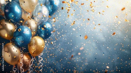 Blue and gold balloons with confetti on blue background photo