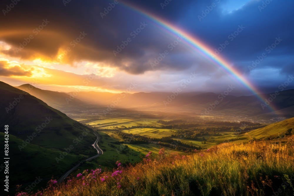 Obraz premium Dramatic Sunset And Rainbow Contrasting Over Mountainous Landscape. Generative AI