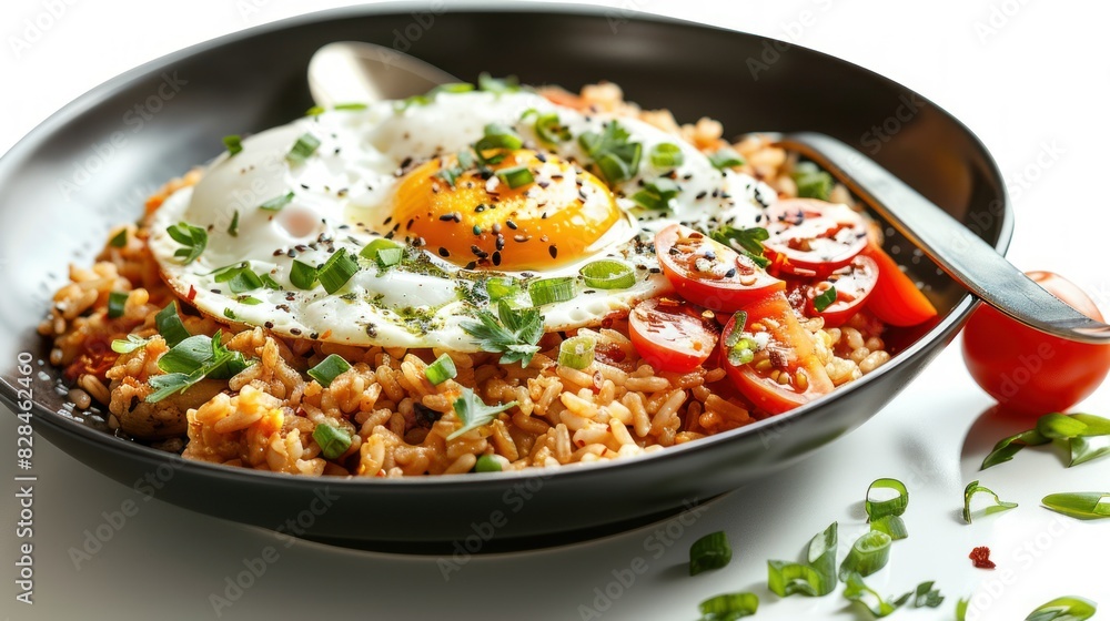 Hot breakfast in a black ceramic plate. Spoon on side isolated on white Environmentally friendly friends Hot breakfast in a black ceramic plate. Spoon on side isolated on white Environmentally friendly friends