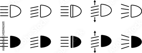 Headlight, light indicator dashboard icon. Vector high beam. Car light symbol. Vector icons of vehicle dashboard indicators. Such symbols include high and low beam and adjustable headlight symbol.