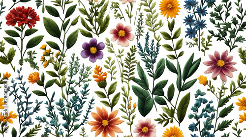 A PNG graphic presents a gorgeous assortment of flowers, herbs, and wildflowers, all skillfully rendered in an embroidery style that beautifully conveys the delicate textures and vibrant colors 