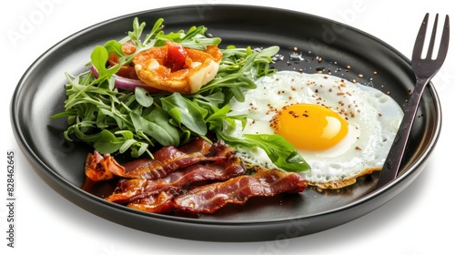 Hot breakfast in a black ceramic plate. Spoon on side isolated on white Environmentally friendly friends