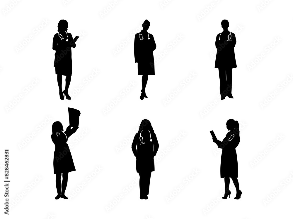 Set of Female Doctor Silhouette in various poses isolated on white background Set of Female Doctor Silhouette in various poses isolated on white background