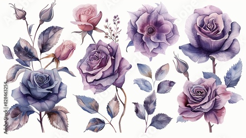 Watercolor rose illustration on white background, white color of rose, cornflower, flower buds, leaves, branches tied in pastel pink, red.