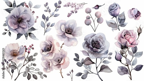 Watercolor rose illustration on white background, white color of rose, cornflower, flower buds, leaves, branches tied in pastel pink, red.
