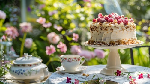 Cake on Table Next to Cup and Saucer