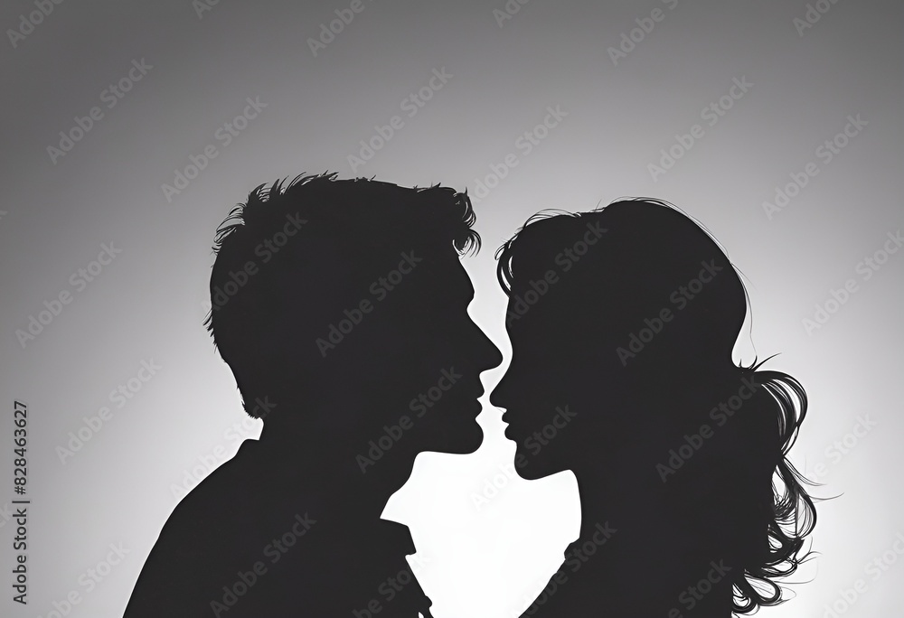 silhouette of a couple almost kissing with copy space, love, valentine, wedding concept