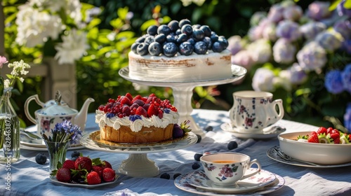 Cake on Table Next to Cup and Saucer