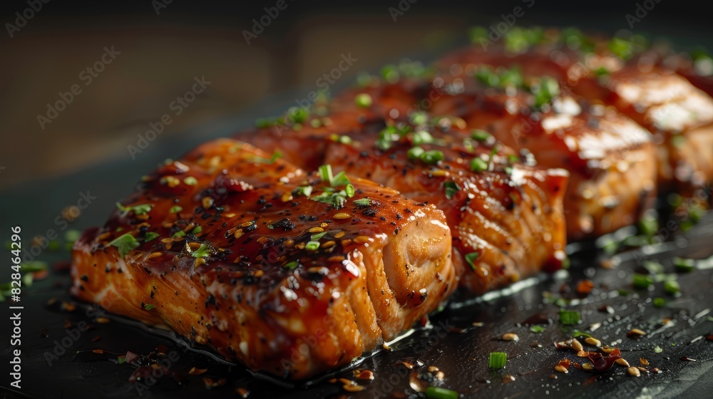chili glazed salmon, front view, space for text chili glazed salmon, front view, space for text