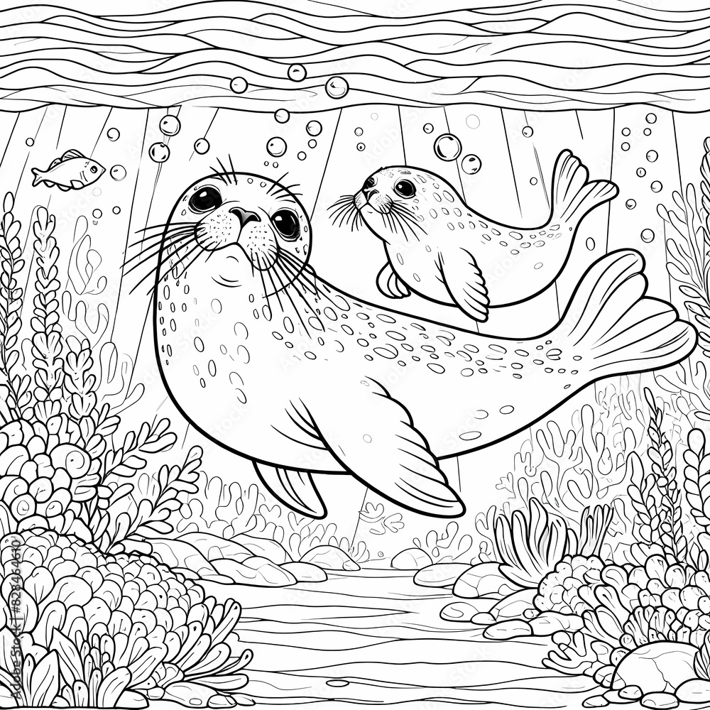 Seals in Underwater Scene - Kids' Coloring Book Page Seals in Underwater Scene - Kids' Coloring Book Page