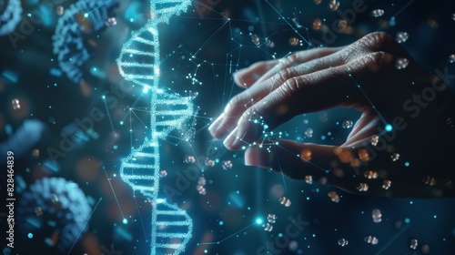 The doctor holds out his hand with a flying three-dimensional spiral of a DNA molecule
