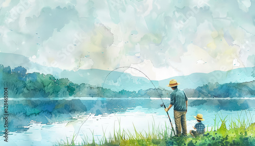 A man and a boy are fishing in a lake