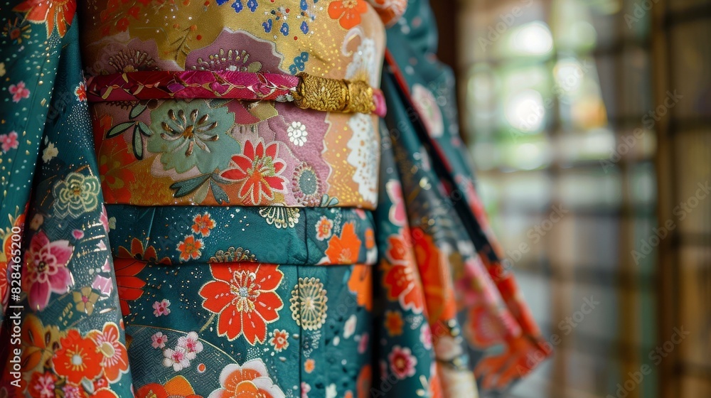 Close Up of Traditional Japanese Kimono Fabric With Floral Pattern