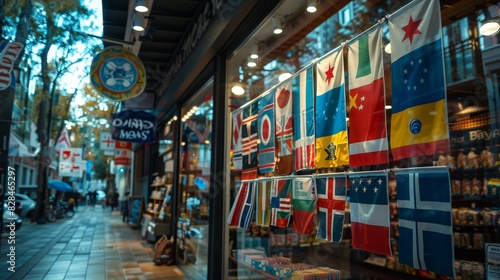 National flags and symbols of various countries showcasing in a shop window on a bright clear day